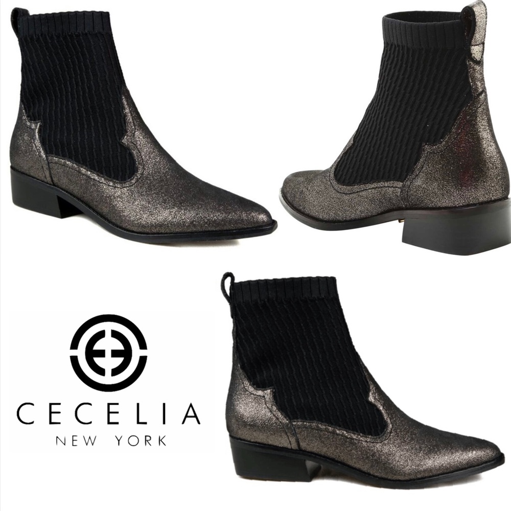 Cecelia New York Tomas Ankle Boot Blacks Pewter Leather Fashion Heel Booties 9.5 - Picture 5 of 10